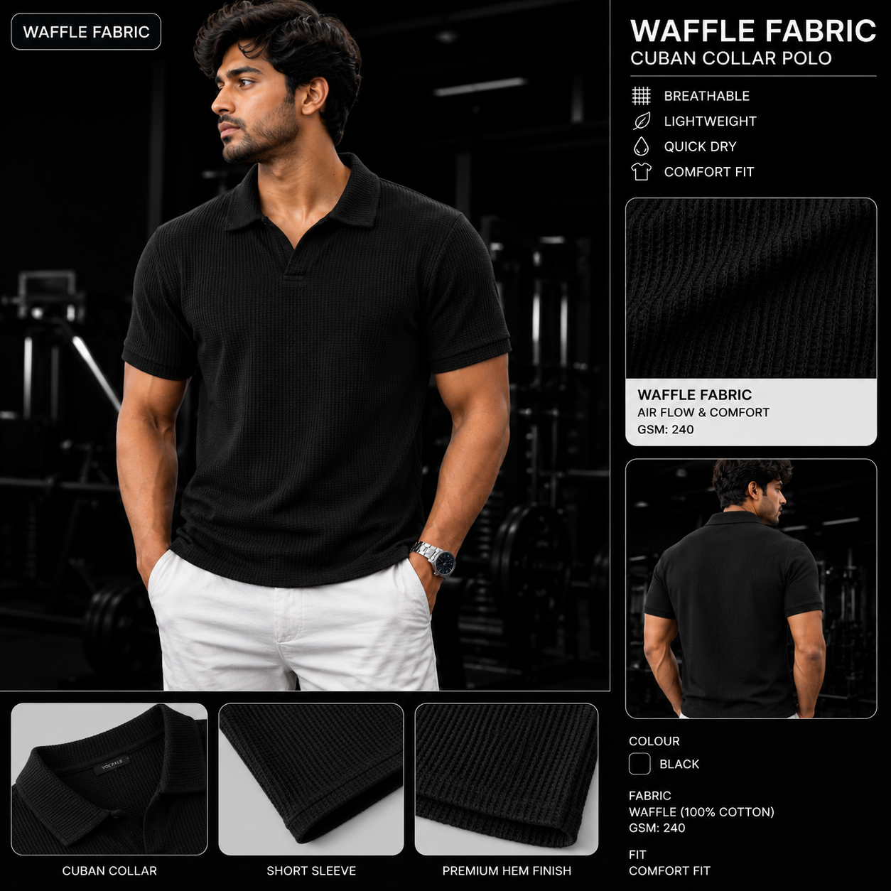 Premium Waffle Cuban Polo (Black)