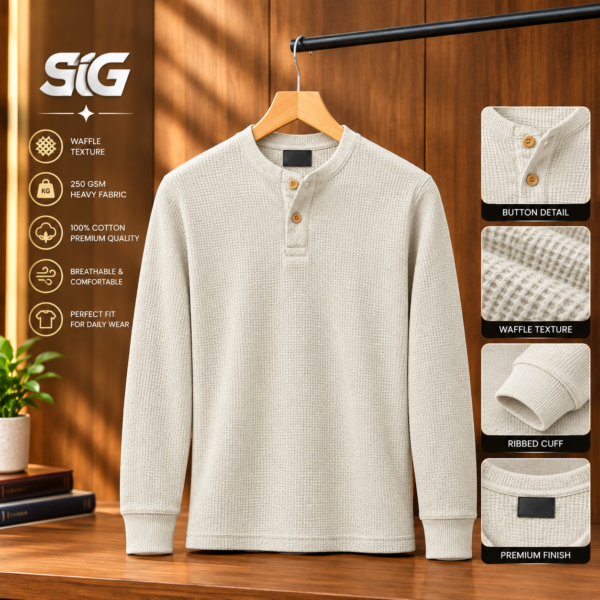 Premium Henley Full Sleeve T-Shirt (Cream)