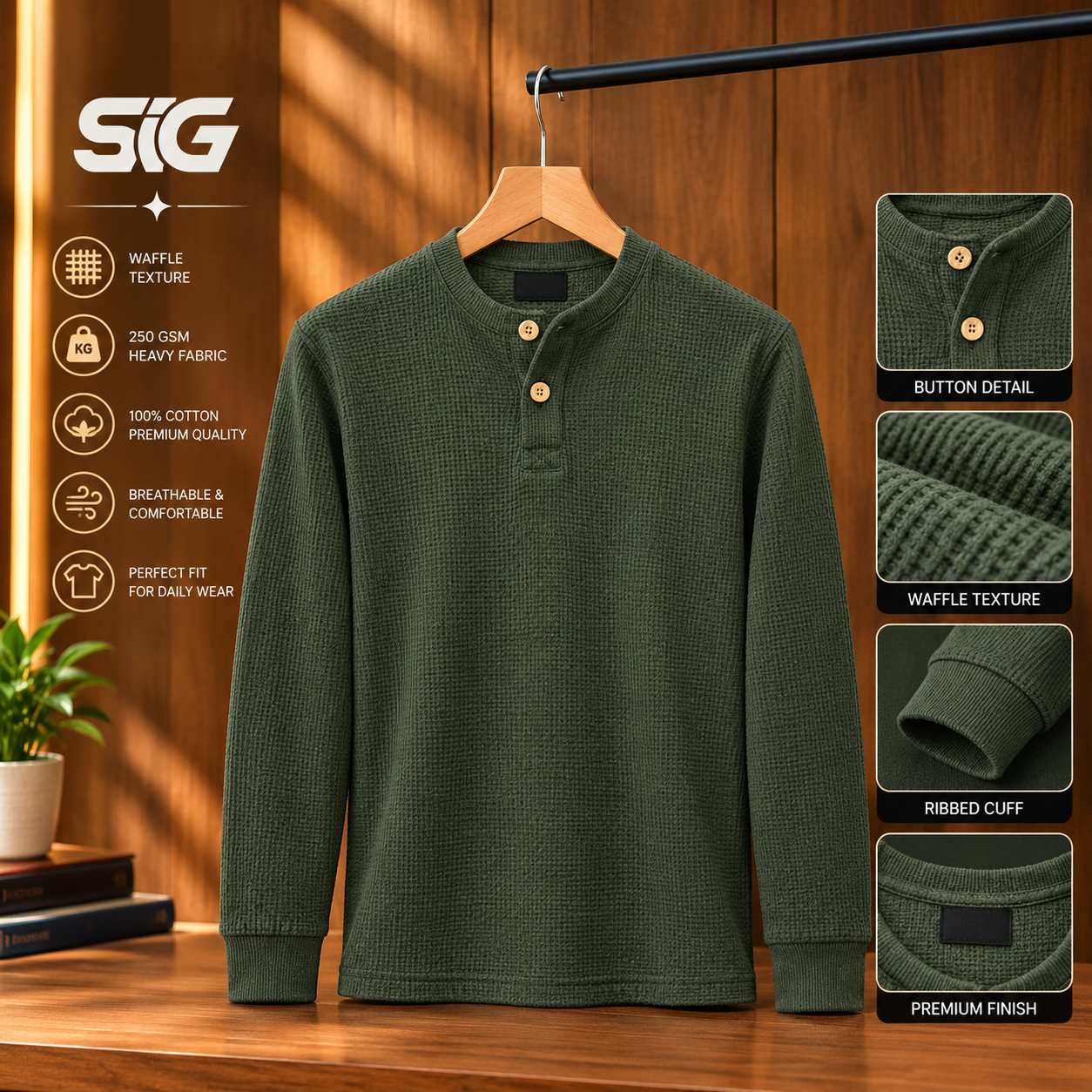 Premium Henley Full Sleeve T-Shirt (Olive)