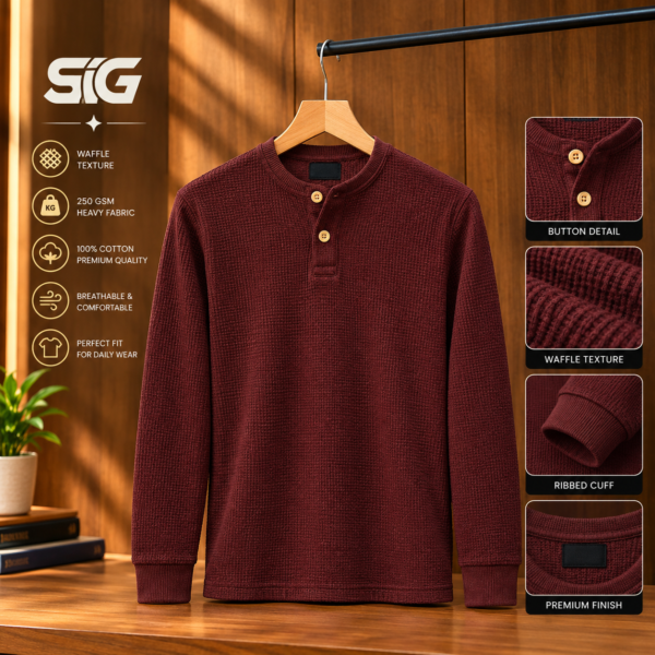 Premium Henley Full Sleeve T-Shirt (Maroon)